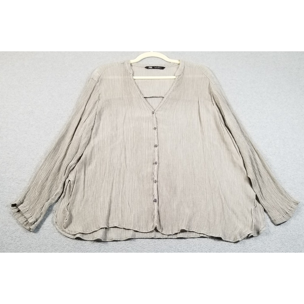 Zara Blouse Womens L Large Gray‎ Sheer Plisse Crinkle Button Up Long Sleeve Chic